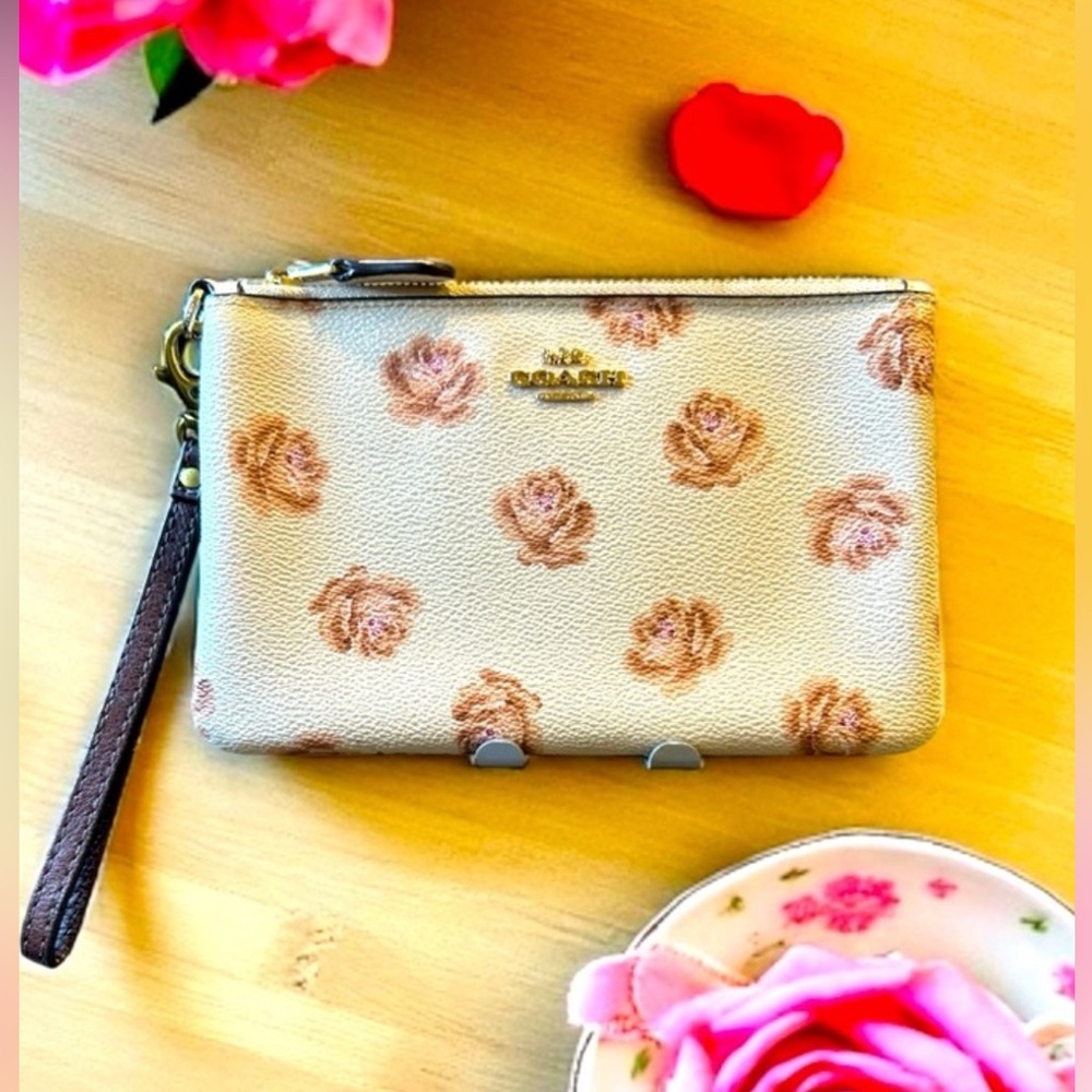 Coach Rose Pattern Wristlet in Cream and Brown